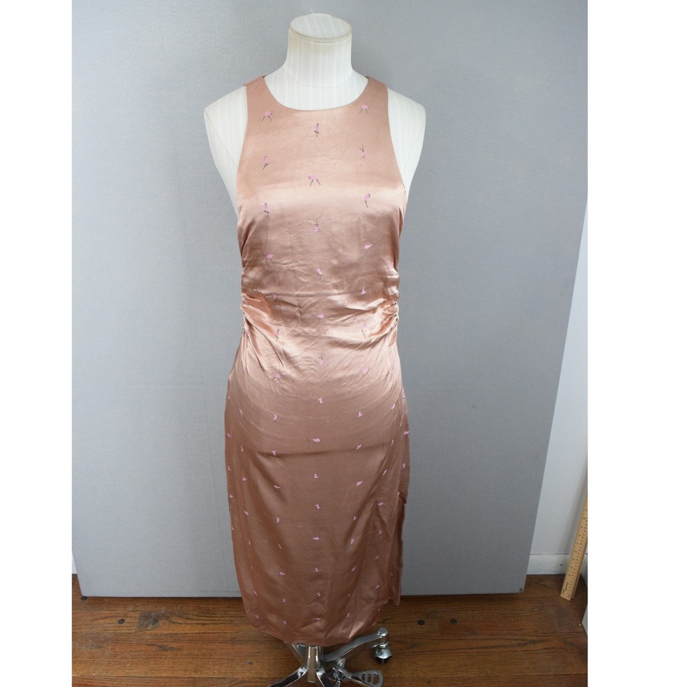 GRLFRND Frank Midi Dress XS Rose Gold Satin Stripper Girl Embroidered Ruched
